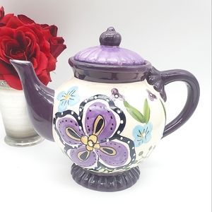HandPainted Heather Goldminc Blue Sky Ceramic Purple & Blue Flower Large Tea Pot